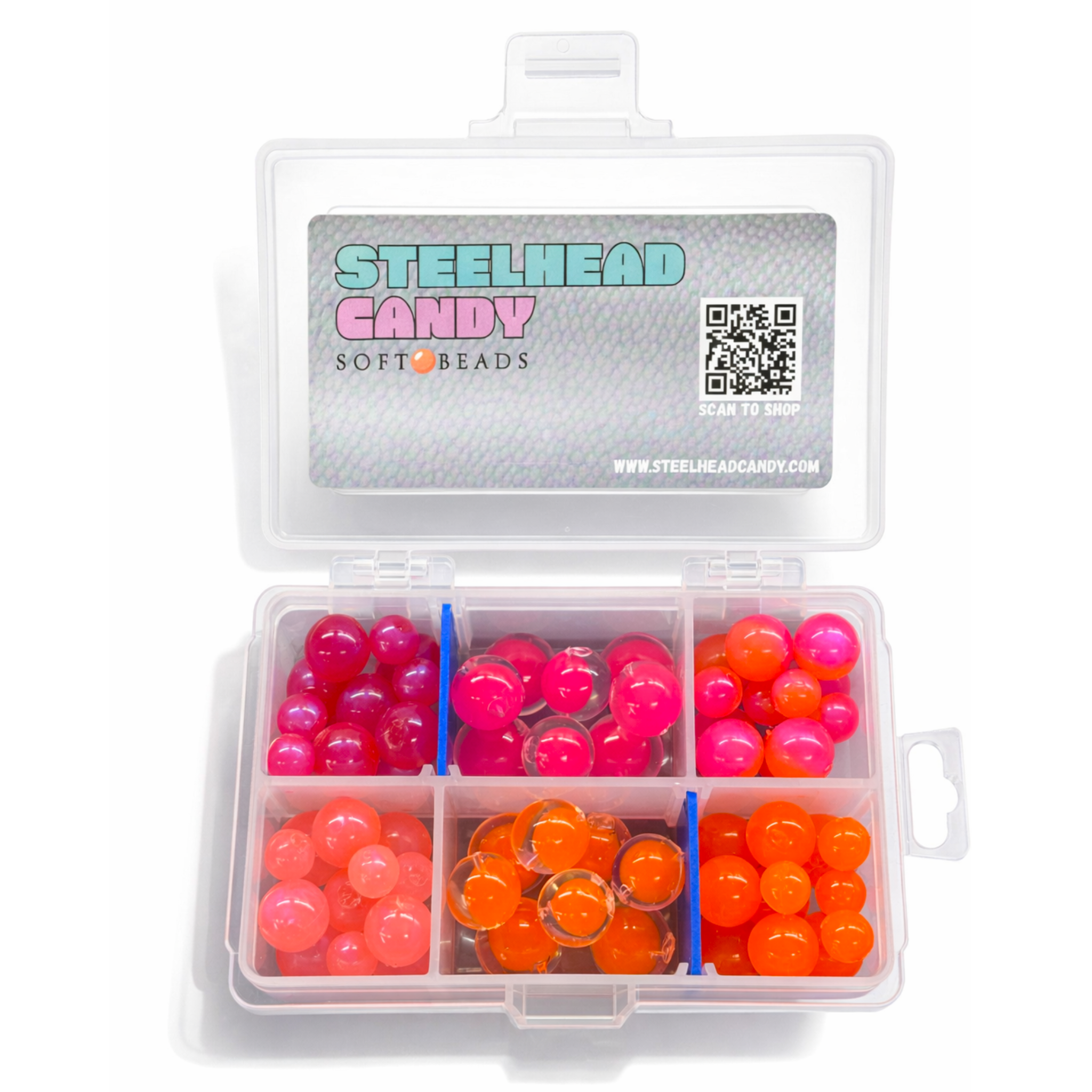 Clear tackle box with pink and orange beads labeled 'Steelhead Candy Soft Beads'.